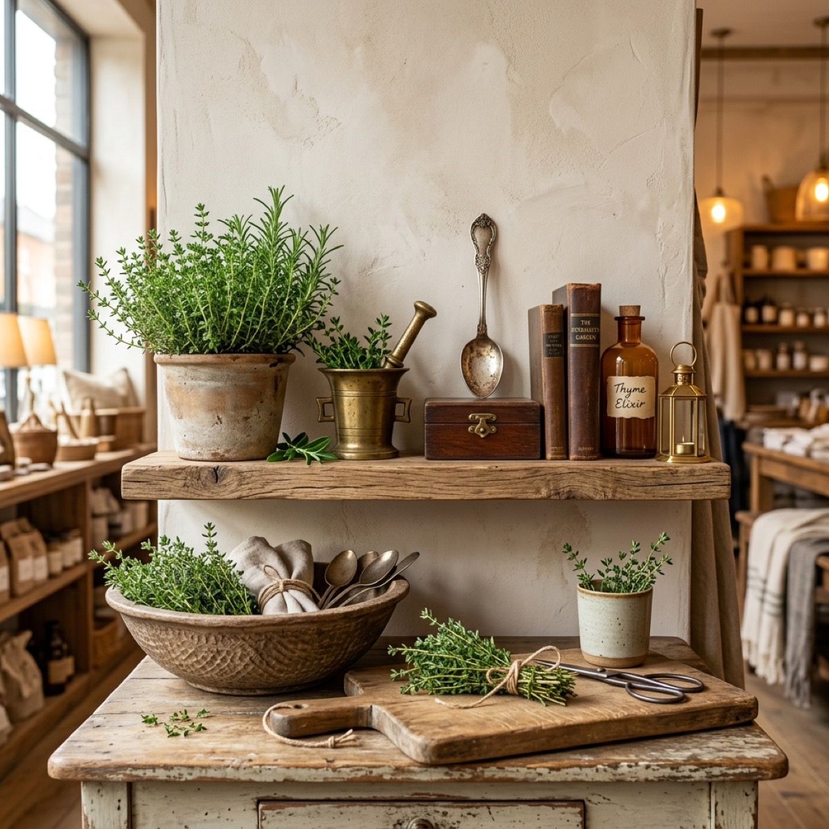 Rustic antique table with fresh thyme and vintage curiosities